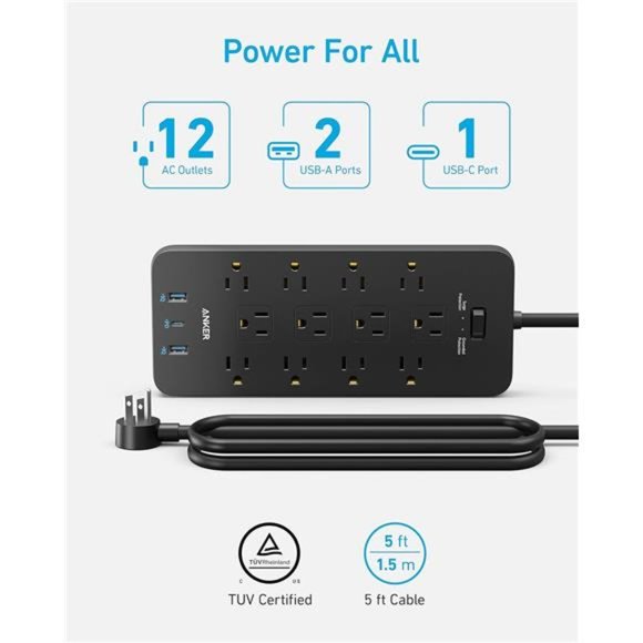 Surge Protector Power Strip (2100J),Anker 12 Outlets with 1USB C and 2 USB Ports - Picture 3 of 6